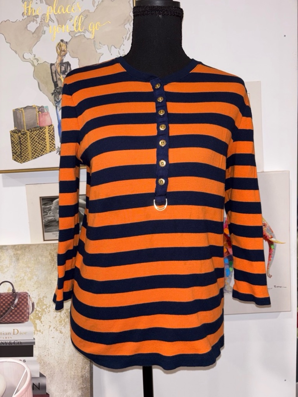 Ralph Lauren Orange & Navy Striped Long Sleeve Henley